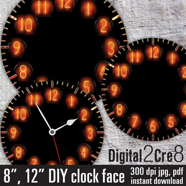 Nixie tube style Large Clock Face - 12" and 8" Digital Downloads - DIY - Printable Image - Iron On Transfer - Wall Decor - Crafts - jpg+pdf