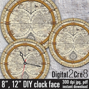 May include: Three vintage-style clock faces featuring a world map design. The clock faces are 8 and 12 inches in diameter and feature Roman numeral hour markers. The clock faces are printed on a wood-grain background.