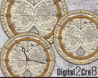 World map antique Large Clock Face - 12" and 8" Digital Downloads - DIY - Printable Image - Iron On Transfer - Wall Decor - Crafts - jpg+pdf