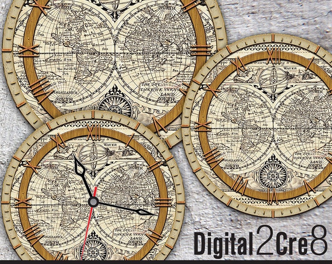 World map antique Large Clock Face - 12" and 8" Digital Downloads - DIY - Printable Image - Iron On Transfer - Wall Decor - Crafts - jpg+pdf