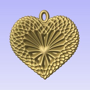 May include: A gold heart-shaped pendant with a delicate, intricate design. The pendant has a loop at the top for attaching a chain.