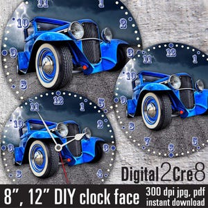 May include: A digital clock face design featuring a blue vintage hot rod car with lightning bolts in the background. The clock face is available in 8-inch and 12-inch sizes. Digital2Cre8 is printed at the bottom of the image.
