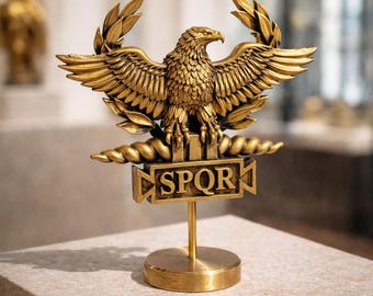 Golden Roman Eagle SPQR Desk Statue, Ancient Rome Aquila Figurine, Legion Insignia Sculpture, History Lover Gift, Office & Library Decor