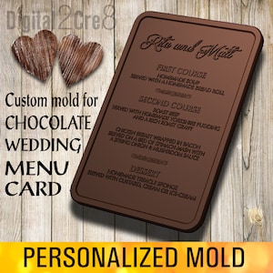 Karta menu czekoladowego, forma na czekoladę, niestandardowa silikonowa forma na kartę menu weselnego, spersonalizowana silikonowa forma, czekolada weselna, tort weselny