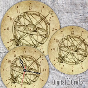 May include: Three vintage-style clock faces with a brown background and black Roman numeral markings. Each clock face features a detailed illustration of a celestial sphere with a brown and white color scheme.