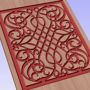 May include: A red, ornate, carved wooden panel with a repeating scroll and lattice design. The panel is set into a light brown wooden surface. The design is a symmetrical pattern of swirling lines and intersecting shapes.