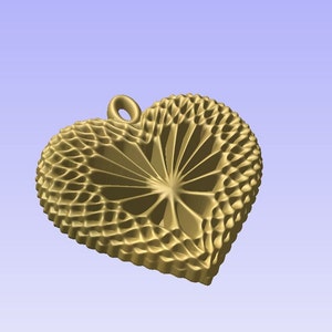 May include: A gold heart-shaped pendant with a detailed, intricate design. The pendant has a loop at the top for attaching a chain.