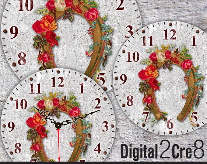 Vintage horseshoe style Clock Face - 12" and 8" Digital Downloads - DIY - Printable Image - Iron On Transfer - Wall Decor - Crafts - jpg+pdf