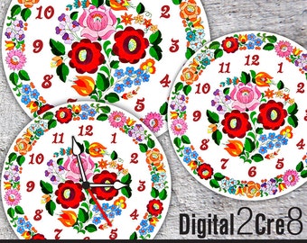 Clock face Traditional Hungarian Kalocsai folk art style  - Digital Downloads - DIY - Printable Image - Wall Decor - Crafts - jpg+pdf