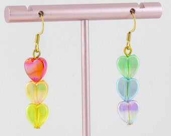 Rainbow Heart Earrings | LGBTQ | Pride Jewelry Cute Summer Spring Colorful Colourful | Dangle Drop | Multicolored Funky Y2K 90s 90's love