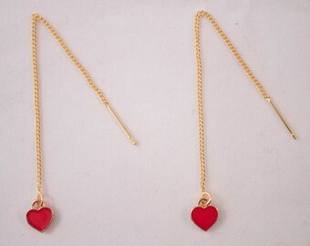Gold Plated Heart Threader Earrings | Little Red Thread | Long Dangle Earring | Love Jewelry | Minimalist |  Dainty Simple Cute Earring