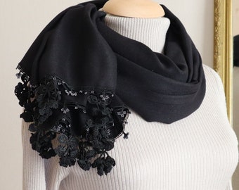 Turkish OYA Lace Pashmina stole /shawl BLACK- Scarf Shawl For Her Gift For Women Winter Scarf Women Fashion