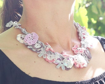 Turkish OYA Lace Necklace BIJOU Lavender - Crocheted Jewelry Wedding Bib Flowers Accessories Dresses Jewelry
