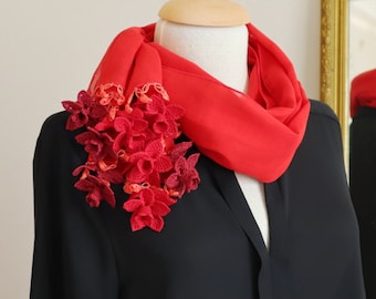 Turkish OYA Lace - Crochet flower cotton stole/Shawl RED- Scarf Shawl For Her Gift For Women Spring Summer Scarf Women Fashion