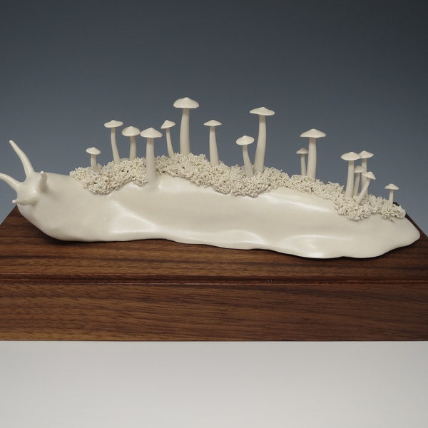 Contented, Porcelain Sculpture of Slug and Mushrooms