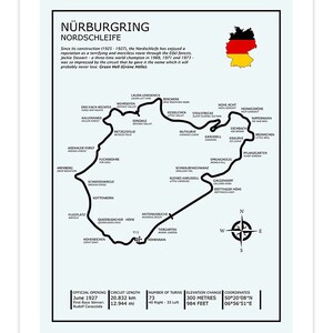 May include: A black and white map of the N&uuml;rburgring Nordschleife race track in Germany. The map shows the track layout, elevation change, and coordinates. The text "N&uuml;rburgring Nordschleife" is at the top of the map. The text "Green Hell (Gr&uuml;ne H&ouml;lle)" is below the map.