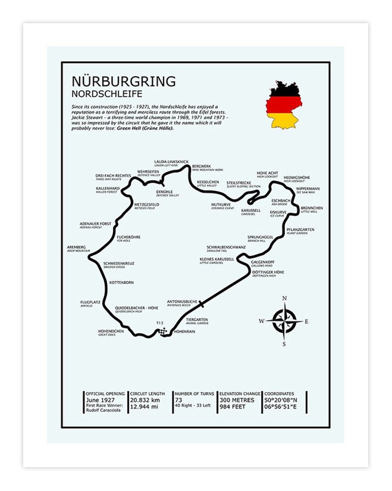 May include: A black and white map of the N&uuml;rburgring Nordschleife race track in Germany. The map shows the track layout, elevation change, and coordinates. The text "N&uuml;rburgring Nordschleife" is at the top of the map. The text "Green Hell (Gr&uuml;ne H&ouml;lle)" is below the map.