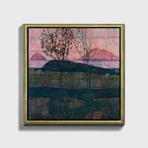 Può includere: Dipinto di paesaggio incorniciato con cornice dorata. L'opera raffigura una scena con cielo rosa, montagne e alberi. Il primo piano presenta un paesaggio verde scuro e marrone.