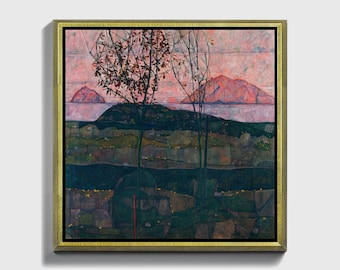 May include: A framed landscape painting with a gold frame. The artwork depicts a scene with a pink sky, mountains, and trees. The foreground features a dark green and brown landscape.