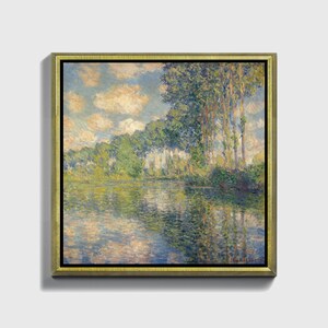 May include: A painting of a river scene with trees lining the banks. The water is calm and reflects the sky and clouds. The trees are a mix of green and brown, and the sky is a light blue with white clouds.