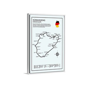 May include: A black and white map of the N&uuml;rburgring Nordschleife race track in Germany. The map shows the track layout, key corners, and the official opening date of June 1927. The map also includes the track length, number of turns, elevation change, and coordinates.