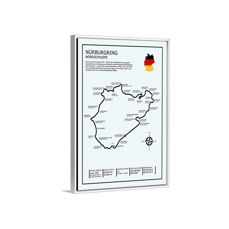 May include: A black and white map of the N&uuml;rburgring Nordschleife race track in Germany. The map shows the track layout, key corners, and the official opening date of June 1927. The map also includes the track length, number of turns, elevation change, and coordinates.