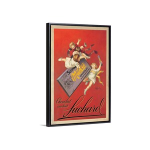 May include: Vintage advertisement for Suchard chocolate featuring a red background with three children flying in the air. The children are holding a bar of Suchard Milka chocolate with the text "SUCHARD Milka CHOCOLAT AU LAIT CONCENTRE" on the bar. The text "Chocolat au lait Suchard" is at the bottom of the advertisement.