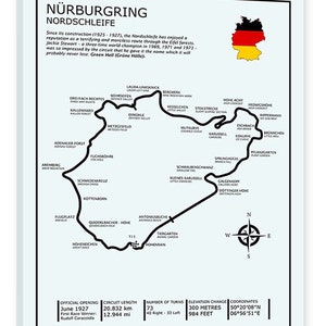 May include: A black and white map of the N&uuml;rburgring Nordschleife race track, a famous and challenging circuit in Germany. The map shows the track layout, key corners, and landmarks. The map also includes information about the track's length, number of turns, elevation change, and coordinates.