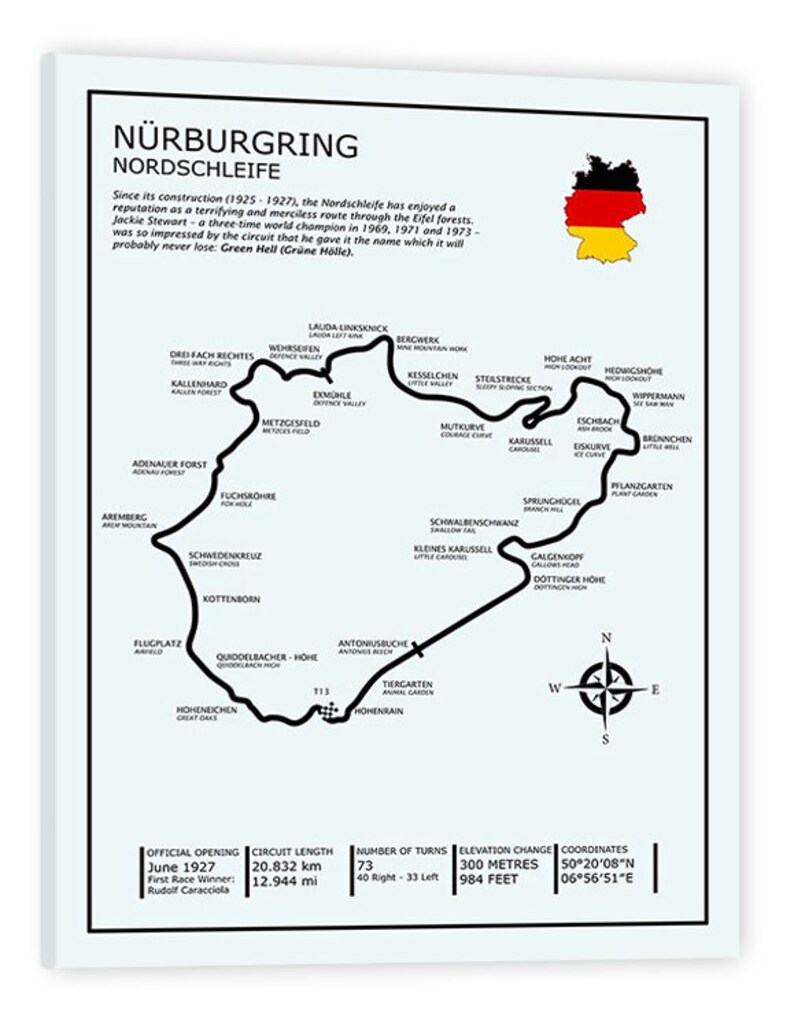 May include: A black and white map of the N&uuml;rburgring Nordschleife race track, a famous and challenging circuit in Germany. The map shows the track layout, key corners, and landmarks. The map also includes information about the track's length, number of turns, elevation change, and coordinates.