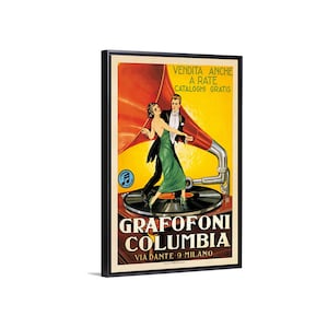 May include: A vintage advertisement for Columbia phonographs featuring a couple dancing in front of a large red gramophone. The text reads "Vendita Anche A Rate Cataloghi Gratis" and "GRAFOFONI COLUMBIA VIA DANTE 9 MILANO".