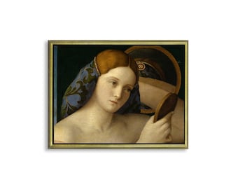 May include: A painting of a woman with red hair wearing a blue and green patterned headscarf. She is looking at a small round mirror in her hand.