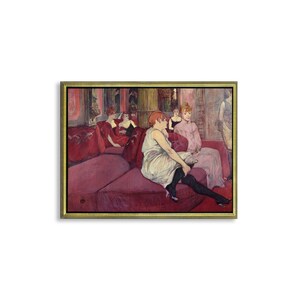 Peut inclure: Une peinture représentant cinq femmes dans une pièce aux accents rouges et dorés. Les femmes sont assises sur un canapé en velours rouge et sont vêtues de vêtements élégants. La peinture est dans un cadre doré.