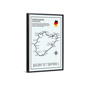 May include: A black and white map of the N&uuml;rburgring Nordschleife race track in Germany. The map shows the layout of the track, including the names of the corners and the length of the track. The map also includes the official opening date, the circuit length, the number of turns, the elevation change, and the coordinates.