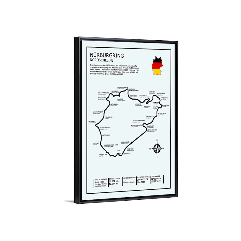 May include: A black and white map of the N&uuml;rburgring Nordschleife race track in Germany. The map shows the layout of the track, including the names of the corners and the length of the track. The map also includes the official opening date, the circuit length, the number of turns, the elevation change, and the coordinates.