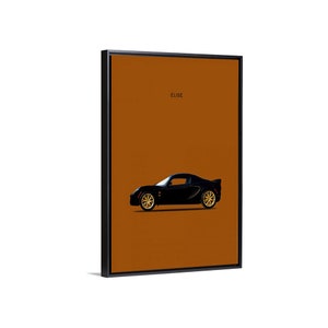 May include: A black Lotus Elise sports car with gold wheels on a brown background. The word "ELISE" is printed in white at the top of the image.