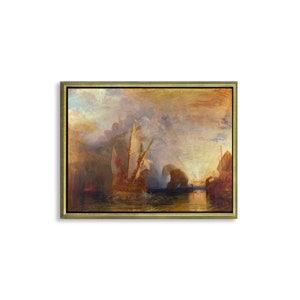 May include: A painting depicting a ship sailing through a dramatic, colourful seascape. The sky is filled with swirling clouds, and the water is a deep blue. The ship is a large, white vessel with a red sail. The painting is in a gold frame.