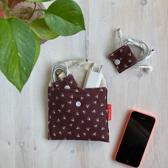 Mobile Phone Charger Case With Earphone Cable Clip- Brown Case