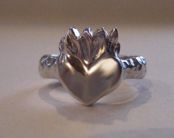 Silver Heart Ring - Flaming Heart of Sterling Silver - Love Ring