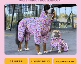 Floral Dog Raincoat, Waterproof Rain Suit with Legs and Closed Belly, Flower Power Print, Dachshund Corgi Frenchie Whippet, 29 Sizes