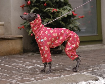 Christmas Fleece Dog Jumpsuit: Greyhound, Whippet, Italian Greyhound Pajamas