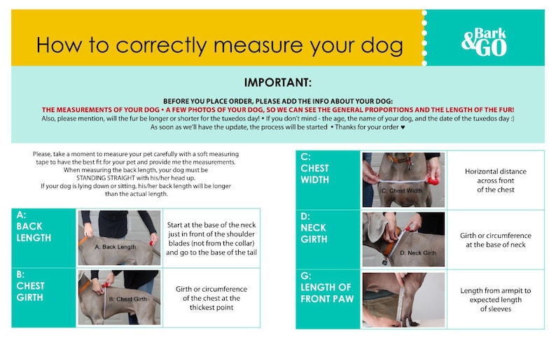 May include: A guide on how to correctly measure your dog for a custom dog tuxedo. The guide includes illustrations of a dog with measurements labelled for back length, chest girth, chest width, neck girth, and length of front paw. The text includes instructions on how to measure your dog and what information to provide when placing an order.