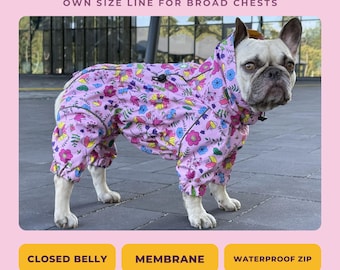 French Bulldog Raincoat, Waterproof Rain Suit with Legs for Frenchie, Cut for Broad Chest and Short Legs, Fully Closed Belly, Floral