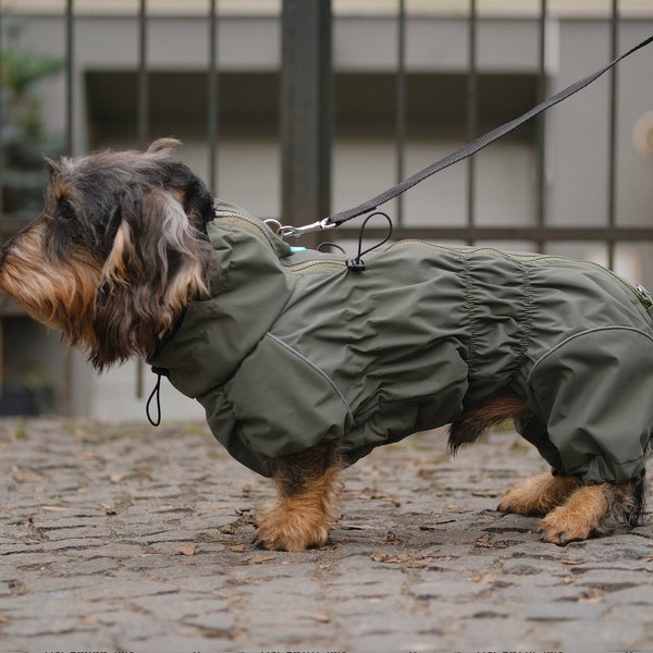 Wasserdichte Hunde Regenjacke für Dackel ""Einfarbig"" Bauchschutz."