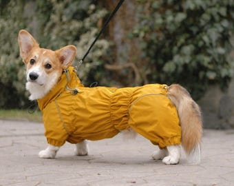 Dog Raincoat for Corgi, Waterproof Full Body Rain Jumpsuit with Legs, Mustard Yellow Dog Rain Coat, Belly & Leg Coverage, Membrane