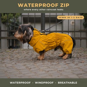 May include: A wire-haired dog wearing a bright yellow waterproof raincoat with a black zip and lead attachment. The text reads WATERPROOF ZIP where every other raincoat leaks, SEWN IN 1-2 DAYS, and WATERPROOF WINDPROOF BREATHABLE.