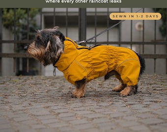 Puede incluir: Un perro de pelo duro con un impermeable amarillo brillante con cremallera negra y enganche para correa. El texto dice WATERPROOF ZIP where every other raincoat leaks, SEWN IN 1-2 DAYS y WATERPROOF WINDPROOF BREATHABLE.