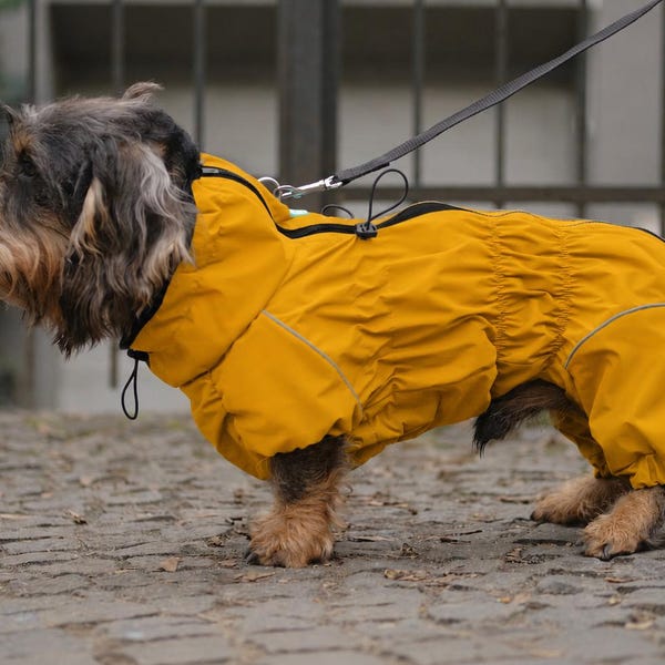 Dog Raincoat for Dachshund, Waterproof Full Body Rain Jumpsuit with Legs, Mustard Yellow Dog Rain Coat, Belly & Leg Coverage, Membrane