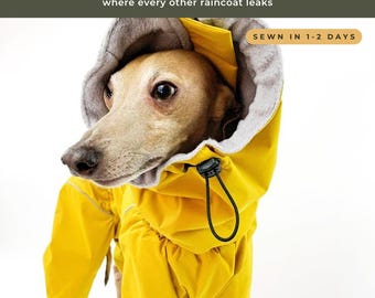 May include: A bright yellow dog raincoat with a grey fleece lining and a hood. The coat features a black drawstring toggle at the neck. Text on the image reads: WATERPROOF ZIP, where every other raincoat leaks, SEWN IN 1-2 DAYS, WATERPROOF, WINDPROOF, BREATHABLE.