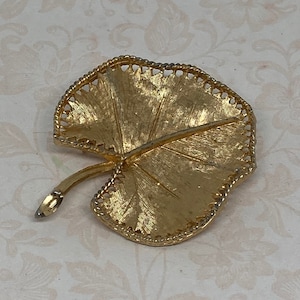 Vintage BSK Signed Brushed Gold Tone Leaf Brooch; Midcentury Leaf Pin, 2 1/8 Inches