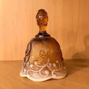 Fenton Vintage Cameo Opalescent Amber Lily of the Valley Glass Bell; Fenton Amber Scalloped Bell, 1980s